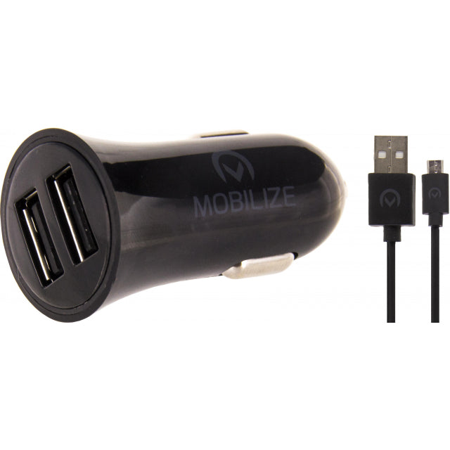 Mobilize Car Charger 2X Usb 24W + Usb To Micro Usb Cable 1M. Black