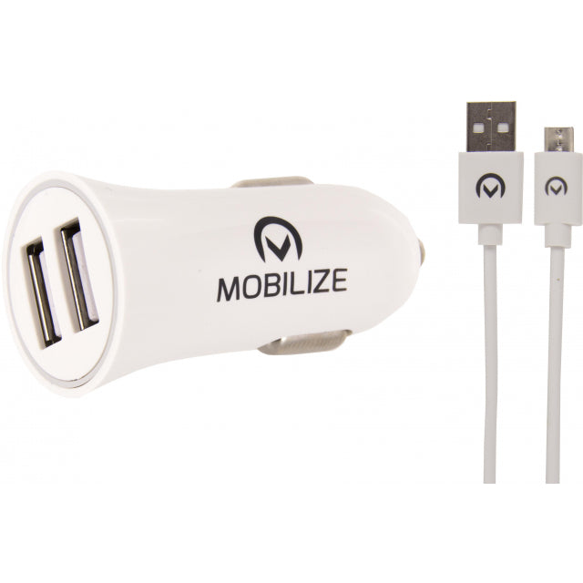 Mobilize Car Charger 2X Usb + Usb To Micro Usb Cable 12W 1M. White