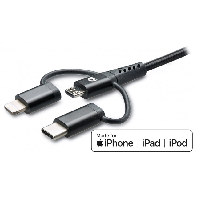 Mobilize Strong Nylon Cable 3In1 Usb To Micro Usb, Usb-C, Apple Mfi Lightning 1.5M Black