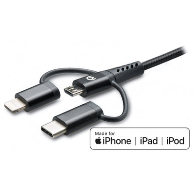 Mobilize Strong Nylon Cable 3In1 Usb To Micro Usb, Usb-C, Apple Mfi Lightning 1.5M Black