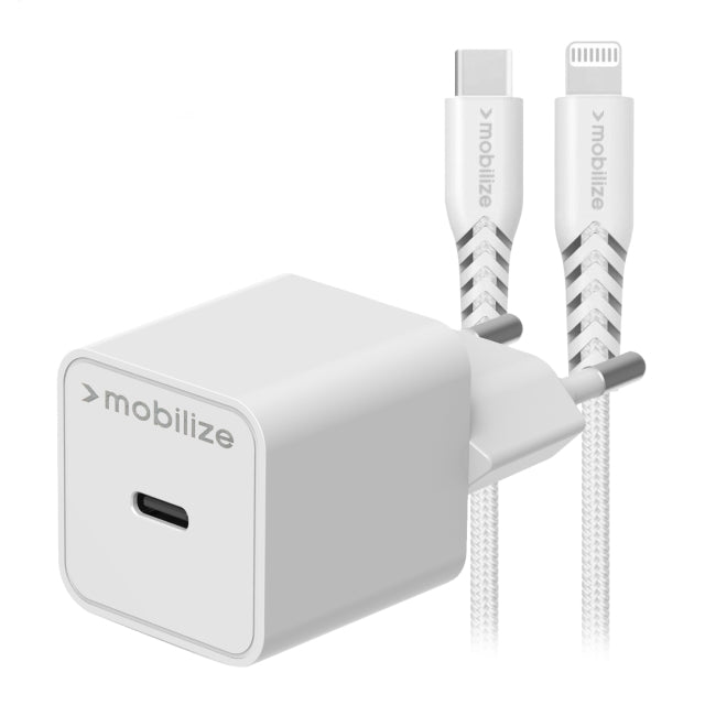 Mobilize Wall Charger Usb-C 20W With Pd + Mfi Lightning Nylon Cable 1.2M White