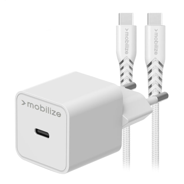 Mobilize Wall Charger Usb-C Gan 30W With Pd/Pps + Usb-C Nylon Cable 1.2M White