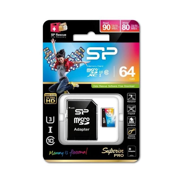 Silicon Power Superior Pro Micro Sdhc Incl. Sd Adapter 64Gb Uhs-1 U3 Class 10 Color